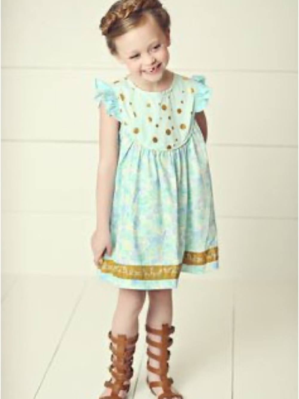 Matilda Jane Mint Blue Dress with Gold Dot Bib and Gold Hem